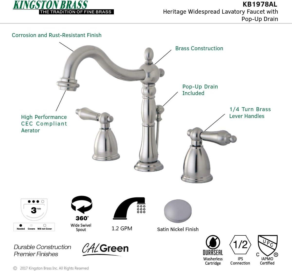 Kingston Brass Heritage Two-Handle 3-Hole Deck Mount Widespread Bathroom Faucet with Pop-Up Drain