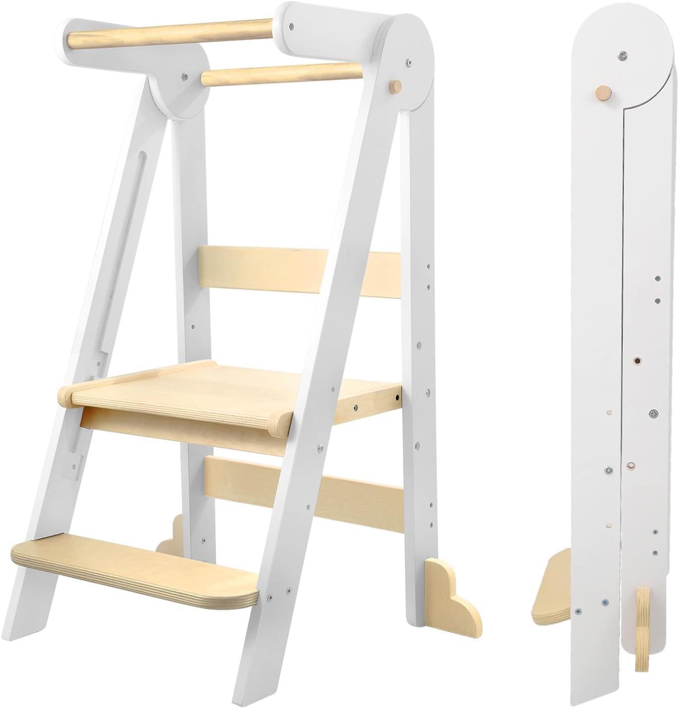 Nordi Foldable Toddler Kitchen Tower, Montessori Kitchen Stools Helper, Standing Tower with 3 Adjustable Heights, Suitable Age for 2-6 Years, White