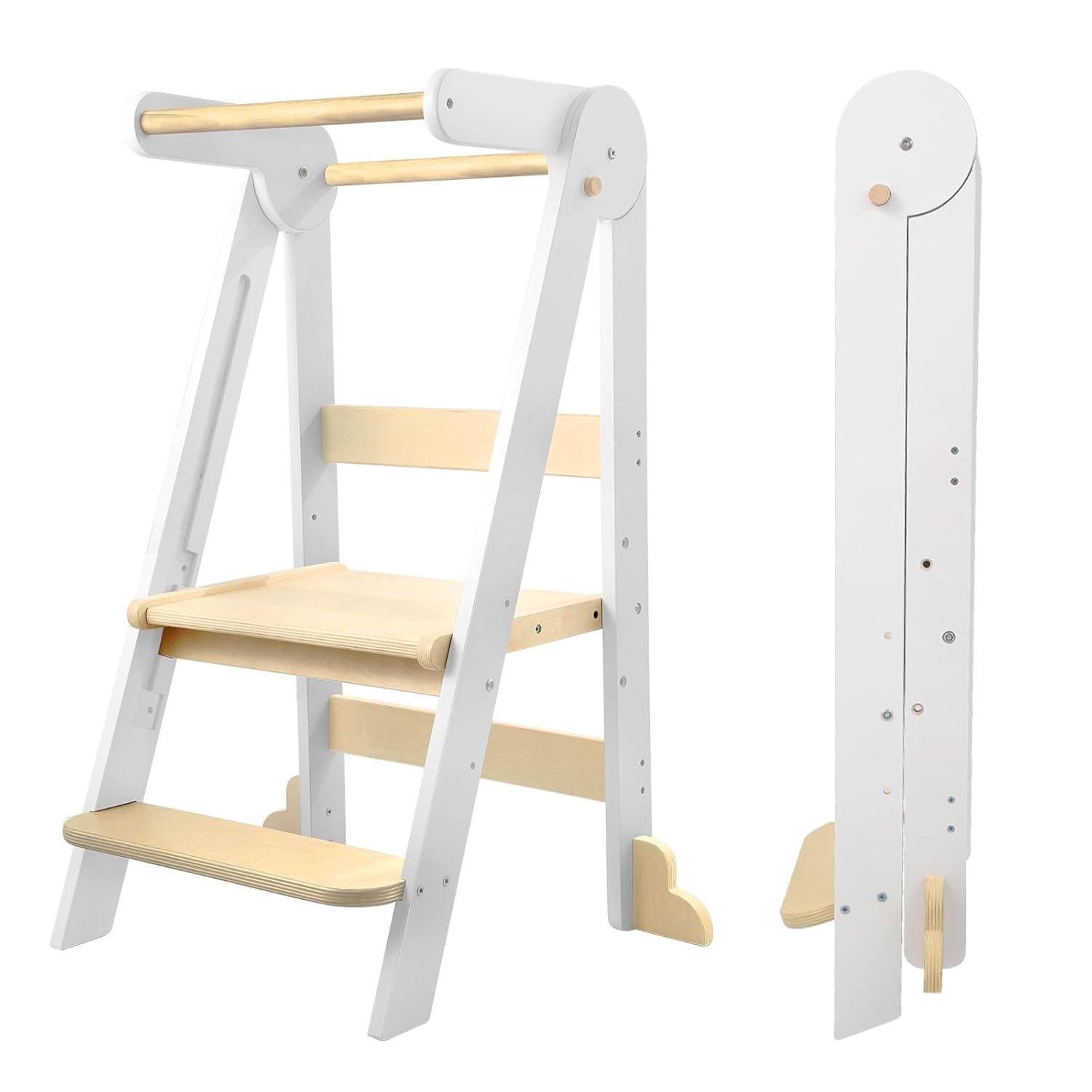 Nordi Foldable Toddler Kitchen Tower, Montessori Kitchen Stools Helper, Standing Tower with 3 Adjustable Heights, Suitable Age for 2-6 Years, White