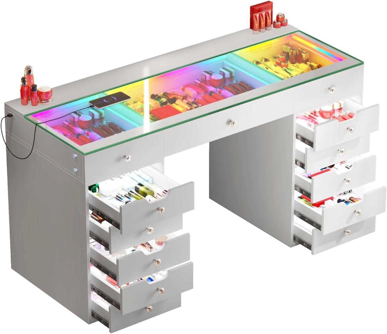 White 60" Vanity Desk with 13 Drawers and LED Lighting
