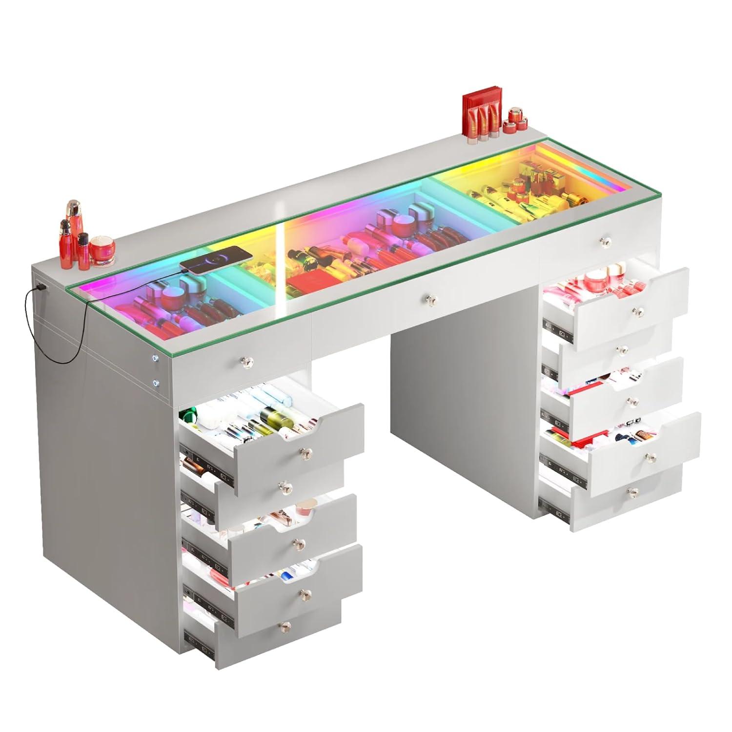 White 60" Vanity Desk with 13 Drawers and LED Lighting