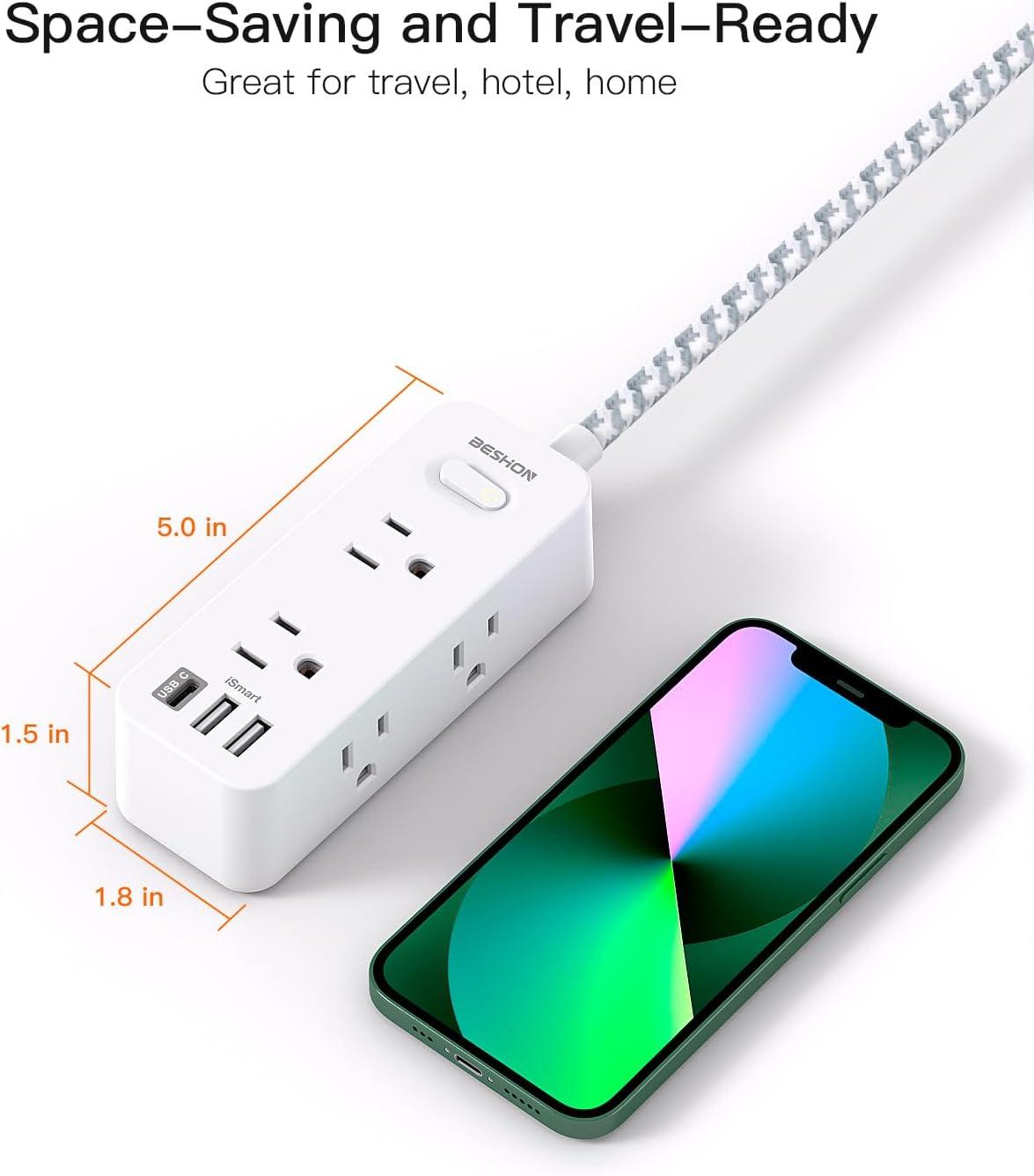 White 5ft Power Strip with 6 Outlets and 3 USB Ports