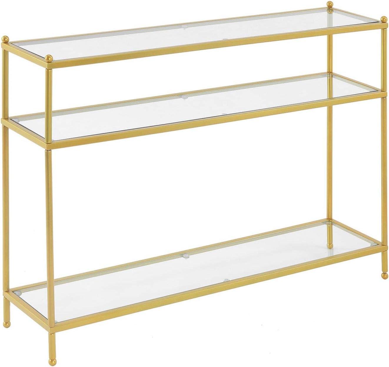 Elegant Gold Metal & Clear Glass 3-Tier Console Table with Storage