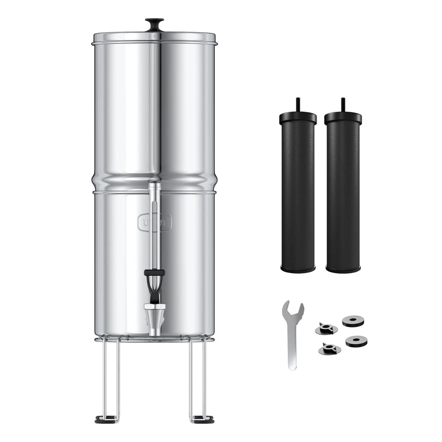 USWF Gravity Fed Water Filter System, 2.25 Gal Stainless Steel, w/ 2 Carbon Filters, Portable w/Metal Sight Glass Spigot & Stand, NSF/ANSI 372 Certified