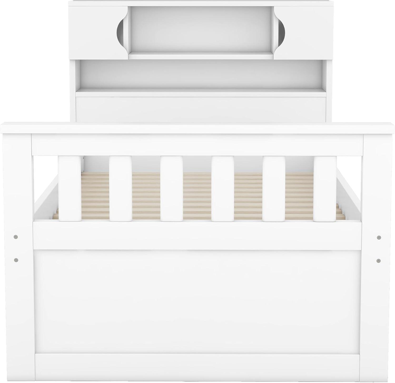 White Twin Wood Platform Bed with Bookcase Headboard and Storage Drawers