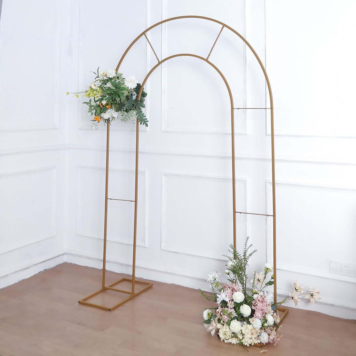 Efavormart 8ft Tall Gold Metal Round Top Double Arch Wedding Backdrop Stand, Flower Balloon Frame Ceremony Arbor