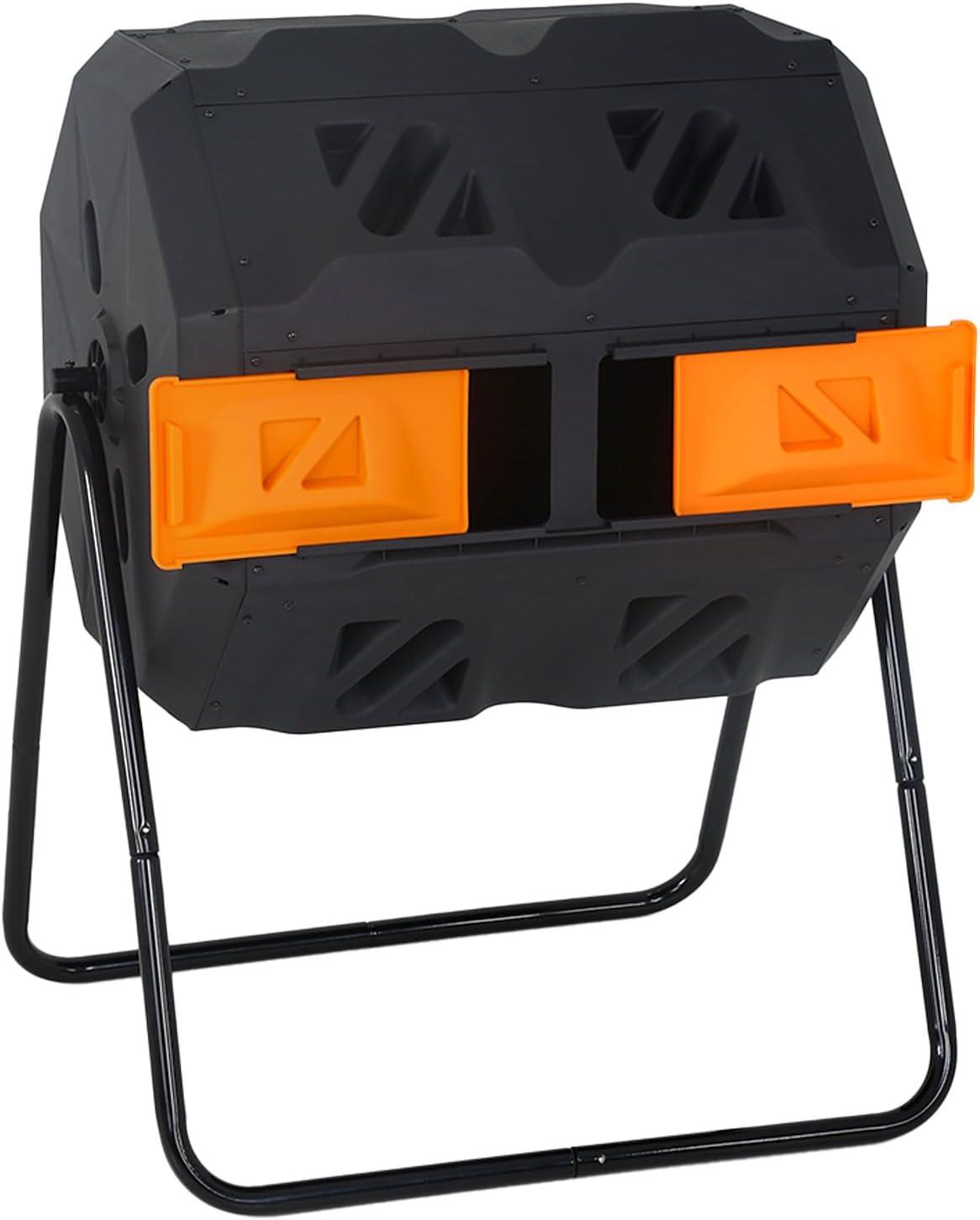 CL.HPAHKL Outdoor Compost Bin, 43 Gallon Dual Tumbling Composter Rotating Composting Bin Compost Tumbler for Garden Patio Kitchen Yard, Black Door