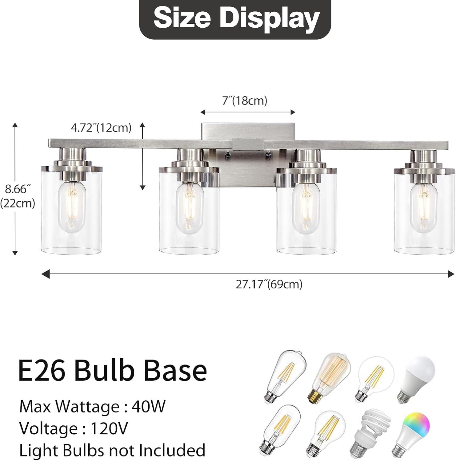 Brushed Nickel 4-Light Bathroom Vanity Fixture with Clear Glass Shades