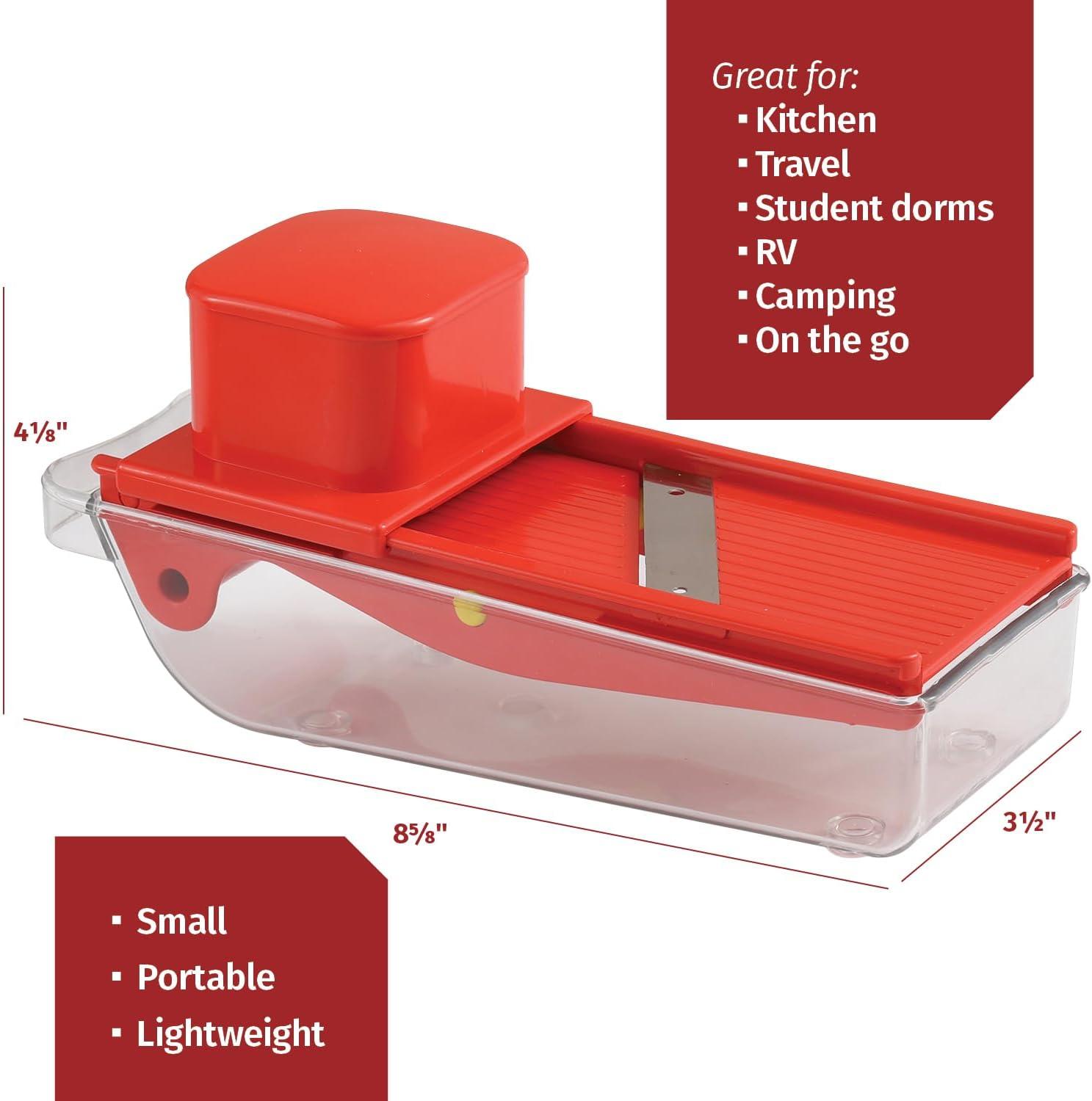 Small Mandoline Slicer – Portable Vegetable Slicer for Kitchen, Travel, On The Go – Adjustable thickness mandoline Slicer Food Cutter with Container All-in-1 Compact Vegetable Chopper– with Bowl Red