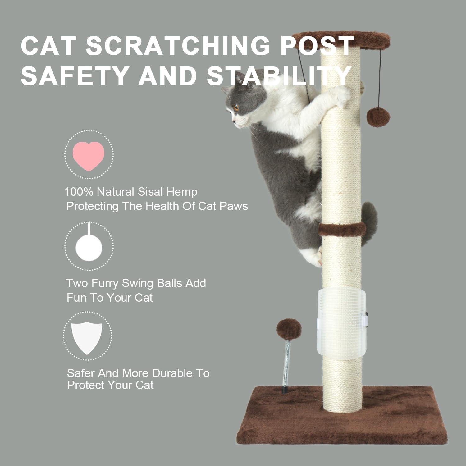 Tucker Murphy Pet™ 32" Tall Cat Scratching Post Sisal Rope Scratch Posts With Hanging Ball And Self-Massage Brush Vertical Scratcher For Indoor Cats And Kittens(Brown 32Inches)