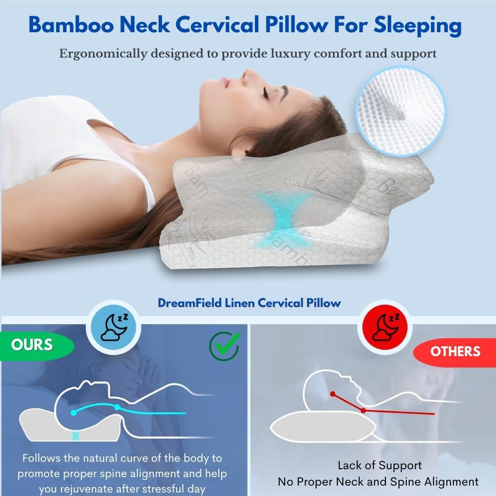 Cervical Neck Pillow for Neck Pain Relief and Shoulder - Bamboo Rayon Memory Foam Ergonomic Pillow for Sleeping, Adjustable Orthopedic Contour Neck Support Cooling Pillow - Back and Side Sleepers