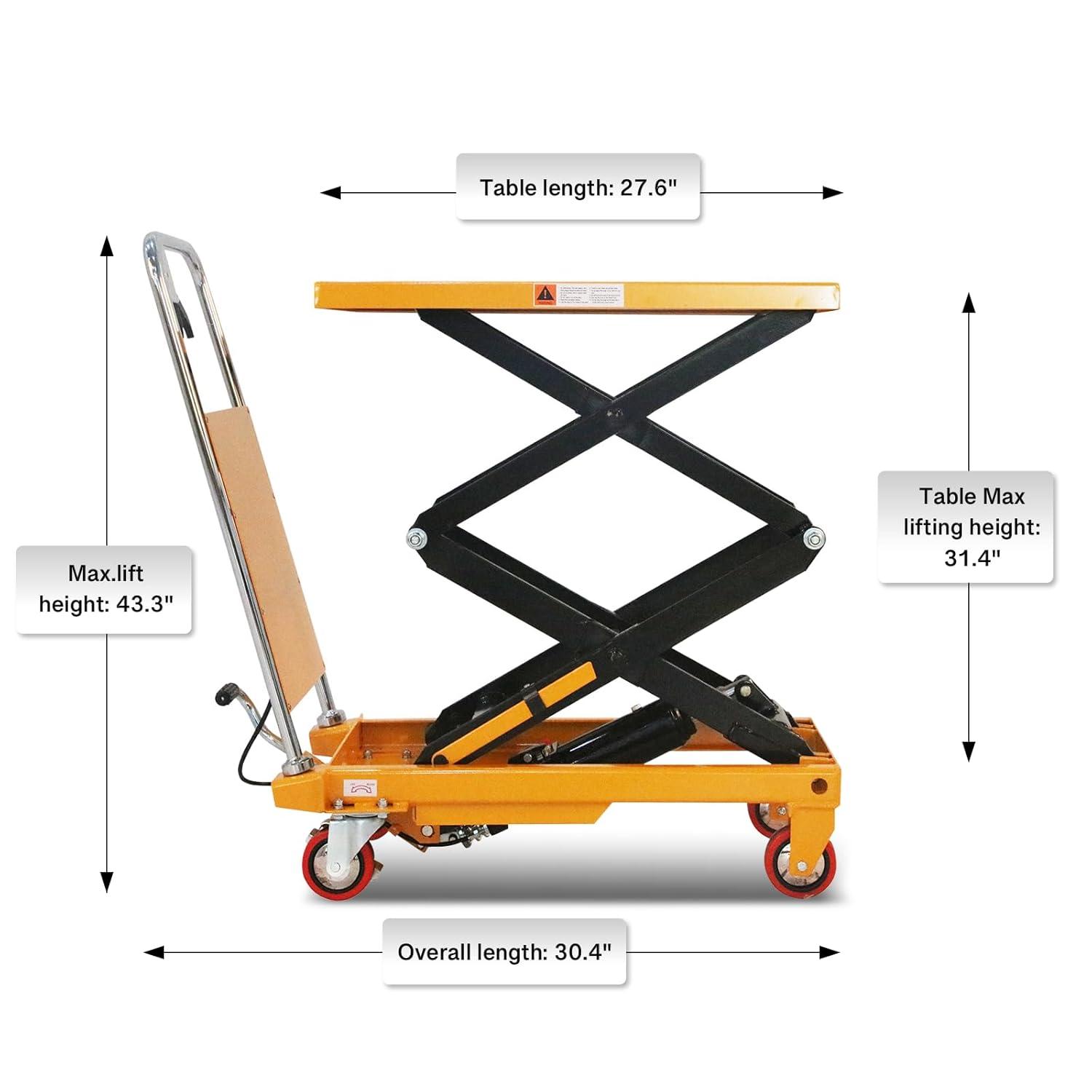 APOLLOLIFT 330lb Scissor Lift Table Cart Hydraulic Hand  Lift Table W/ 43.3" Lift Double Scissor Steel