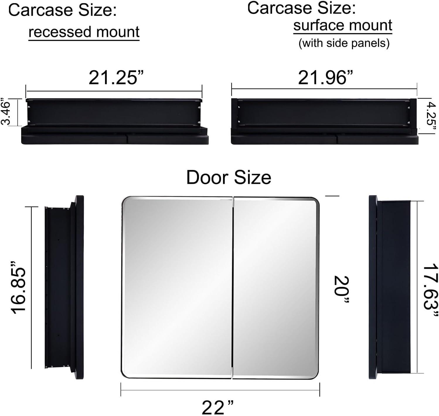 Black Bathroom Medicine Cabinet with Round Corner Framed Door and Beveled Edge Mirror 22 x 20 inch, Recessed or Surface Mount, with Adjustable Glass Shelves