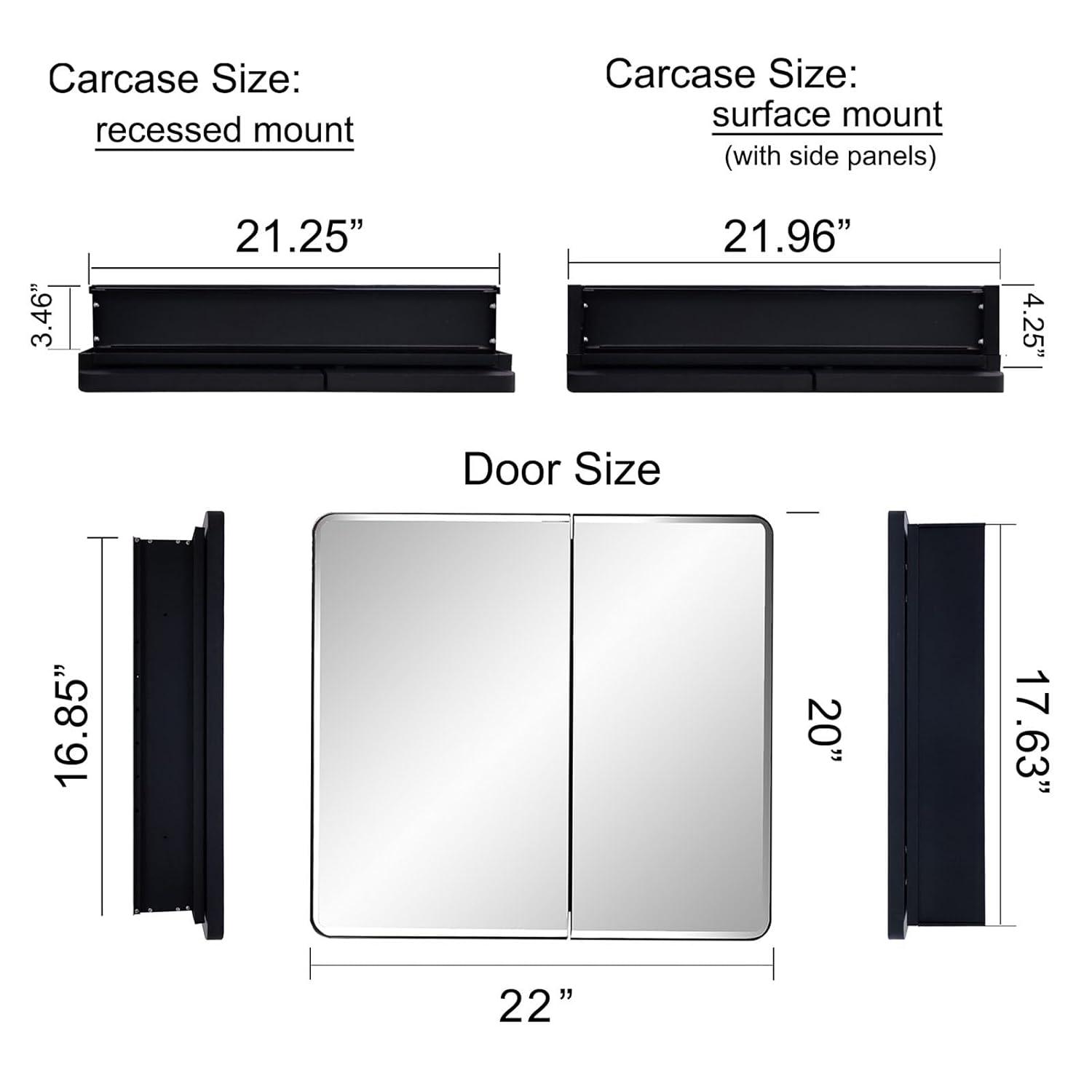 Black Bathroom Medicine Cabinet with Round Corner Framed Door and Beveled Edge Mirror 22 x 20 inch, Recessed or Surface Mount, with Adjustable Glass Shelves