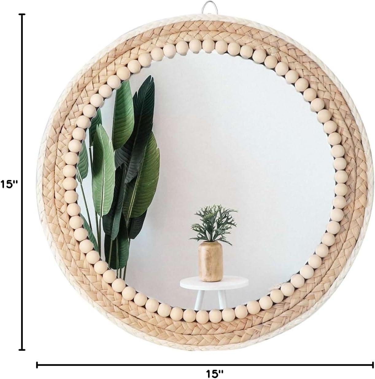 Poeme Boho Wall Mounted Round Mirror - 15 Inch Circle Rattan Decorative Hanging Mirror for Bedroom, Living Room & Bathroom