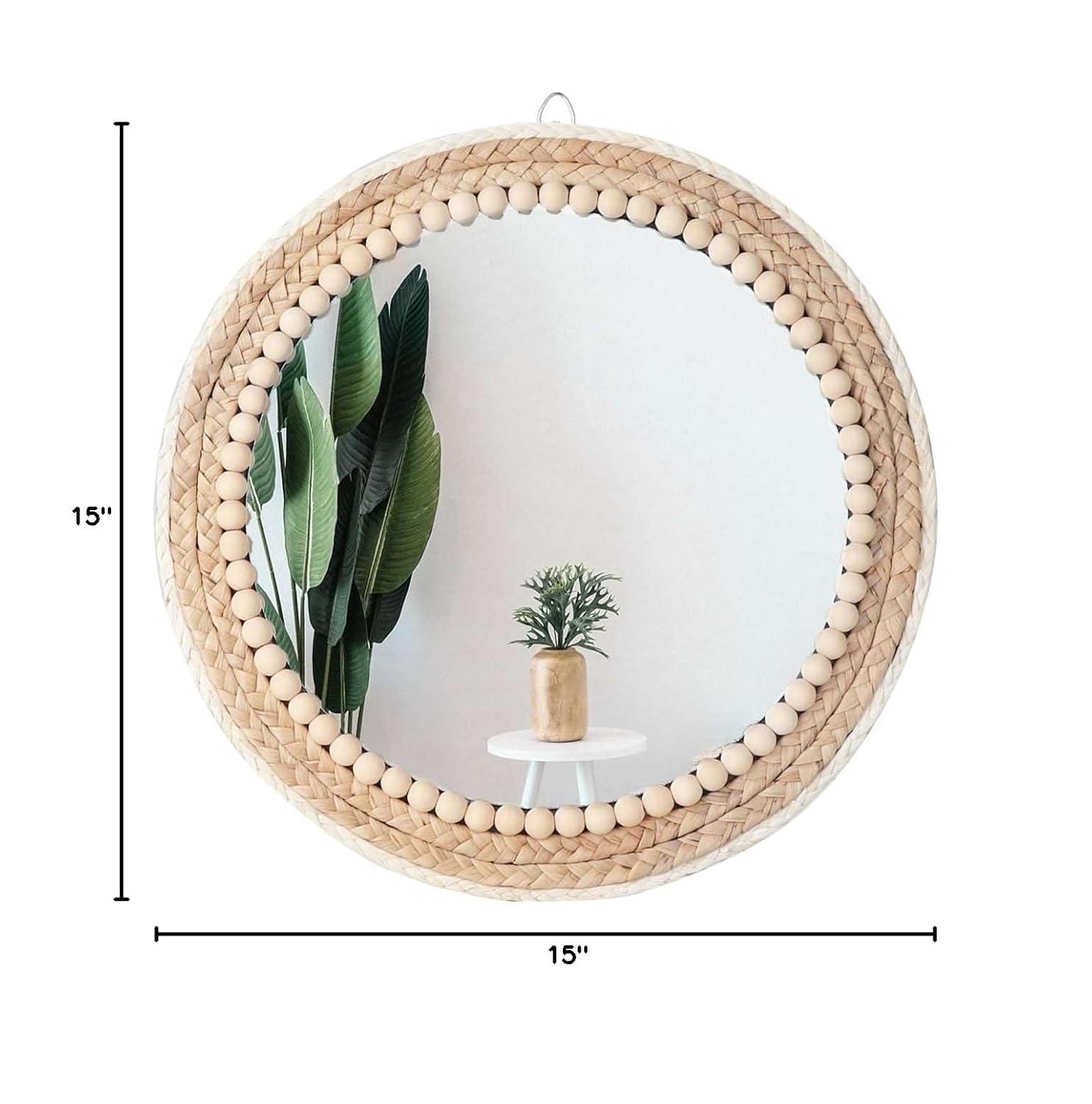 Poeme Boho Wall Mounted Round Mirror - 15 Inch Circle Rattan Decorative Hanging Mirror for Bedroom, Living Room & Bathroom