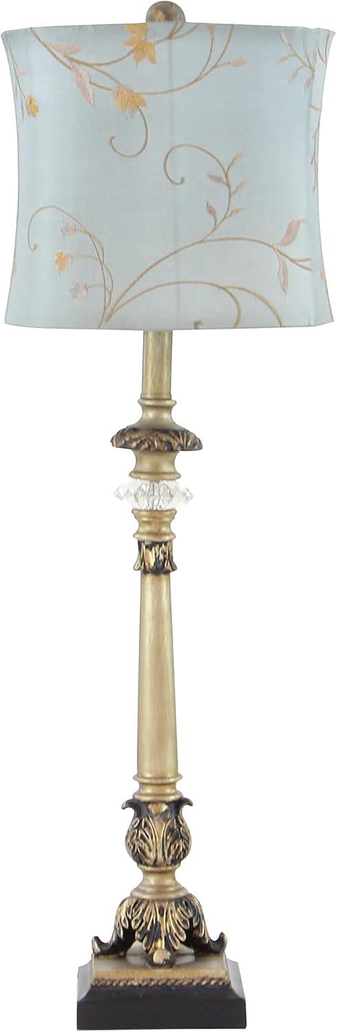 DecMode Antique Style Floral Gold Buffet Lamp with Blue Fabric Shade (2 Count)