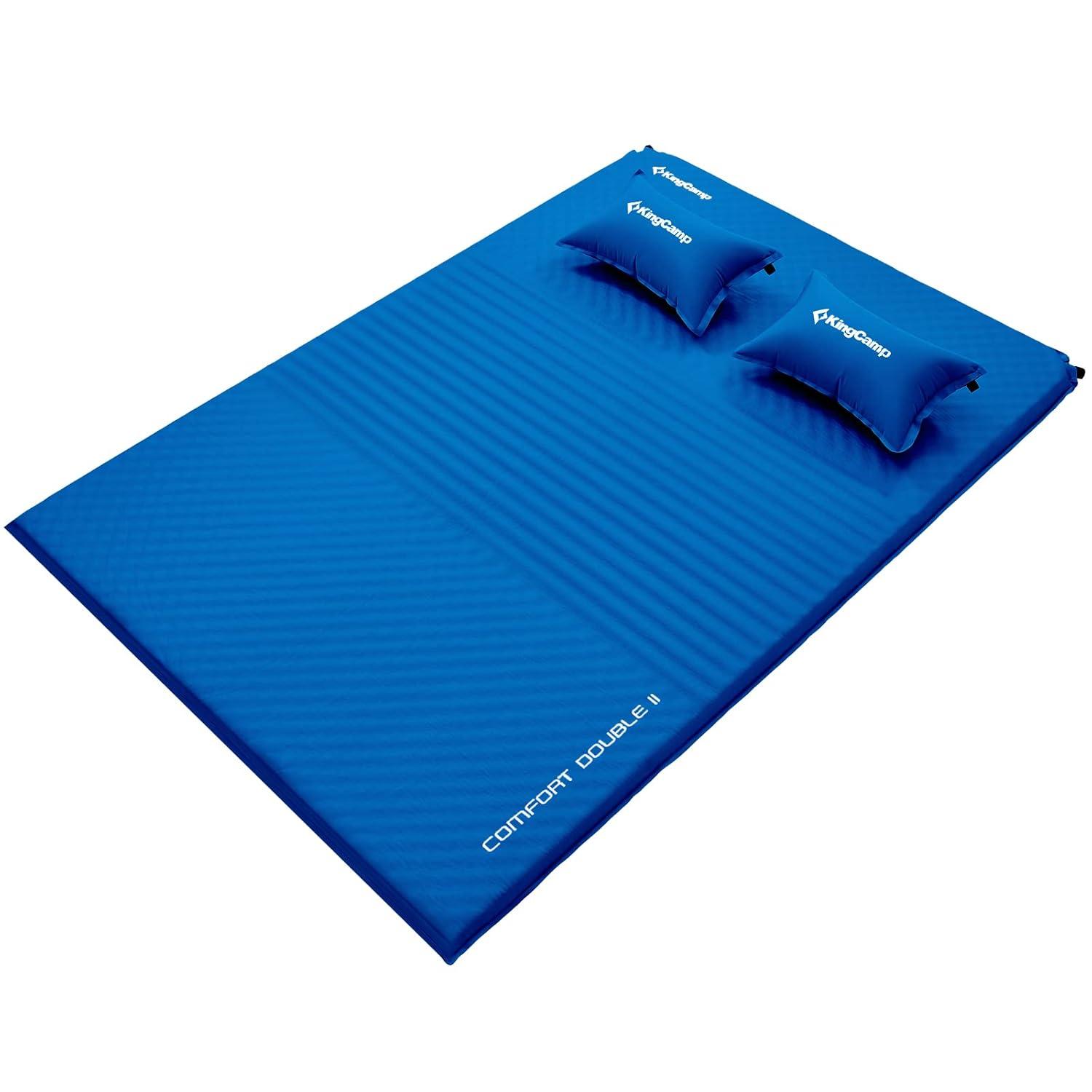KingCamp Double Self Inflating Compact Folding Ultralight Outdoor Camping Sleeping Mattress Pad with 2 Pillows and Carry Bag, Blue