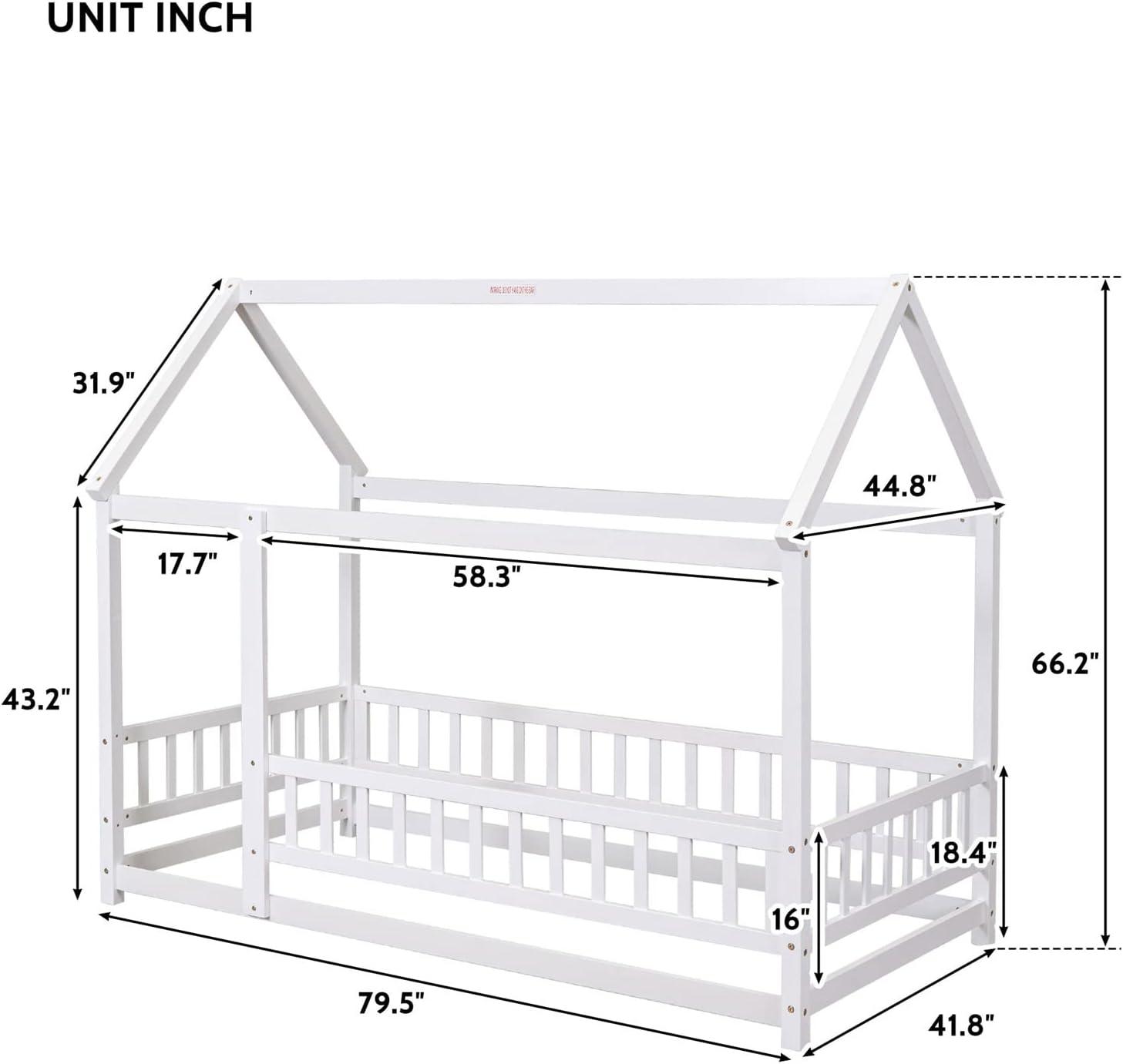 Montessori Floor Bed, Wood Twin House Bed with Roof and Fence-Shaped Rails, Twin Size Floor Bed for Girls & Boys, Natural