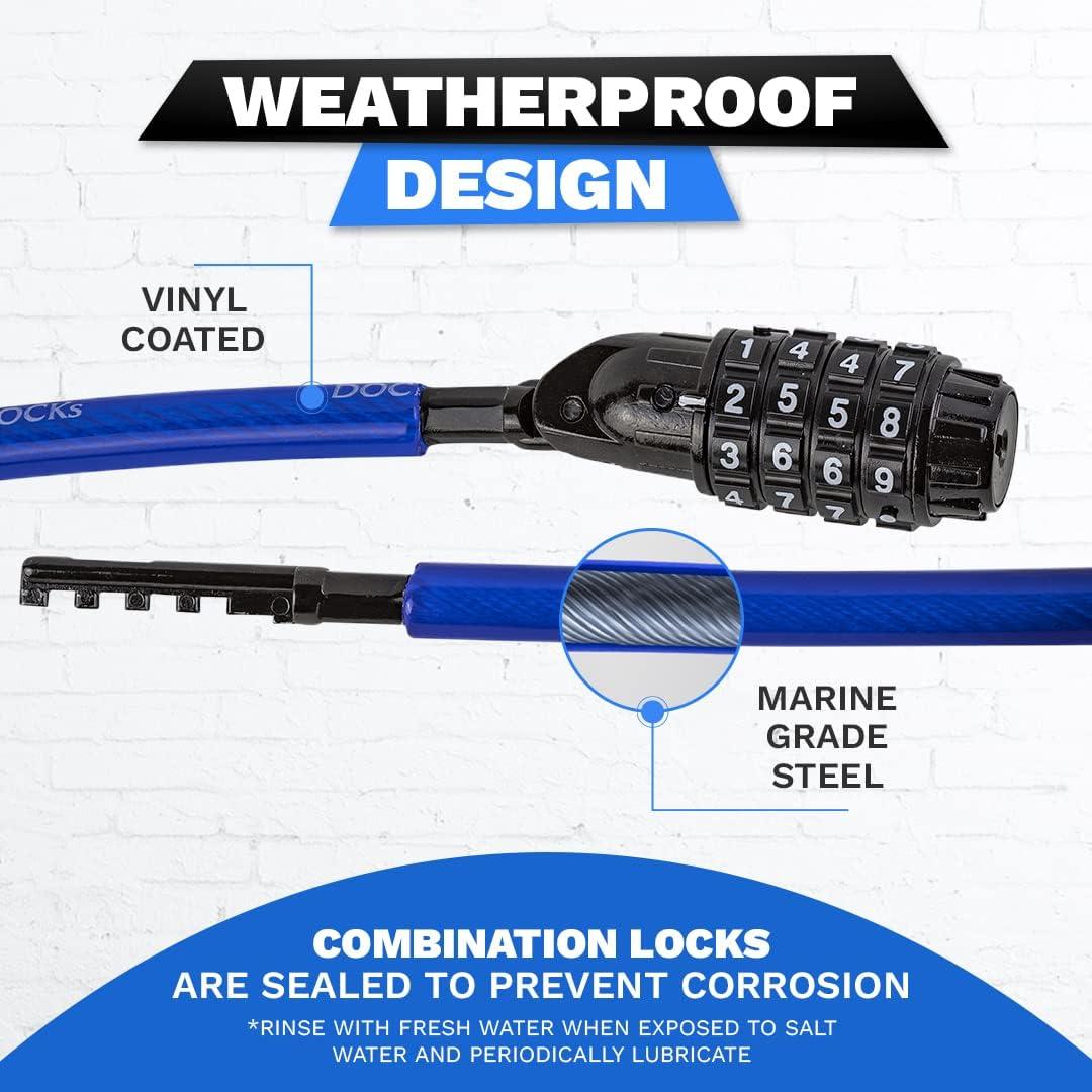 DocksLocks 10ft Weatherproof Coiled Cable Combination Lock for Bikes, Kayaks, Paddleboards, Marine Grade Steel, Anti-Theft Vinyl Coated Cable 1.35 lbs