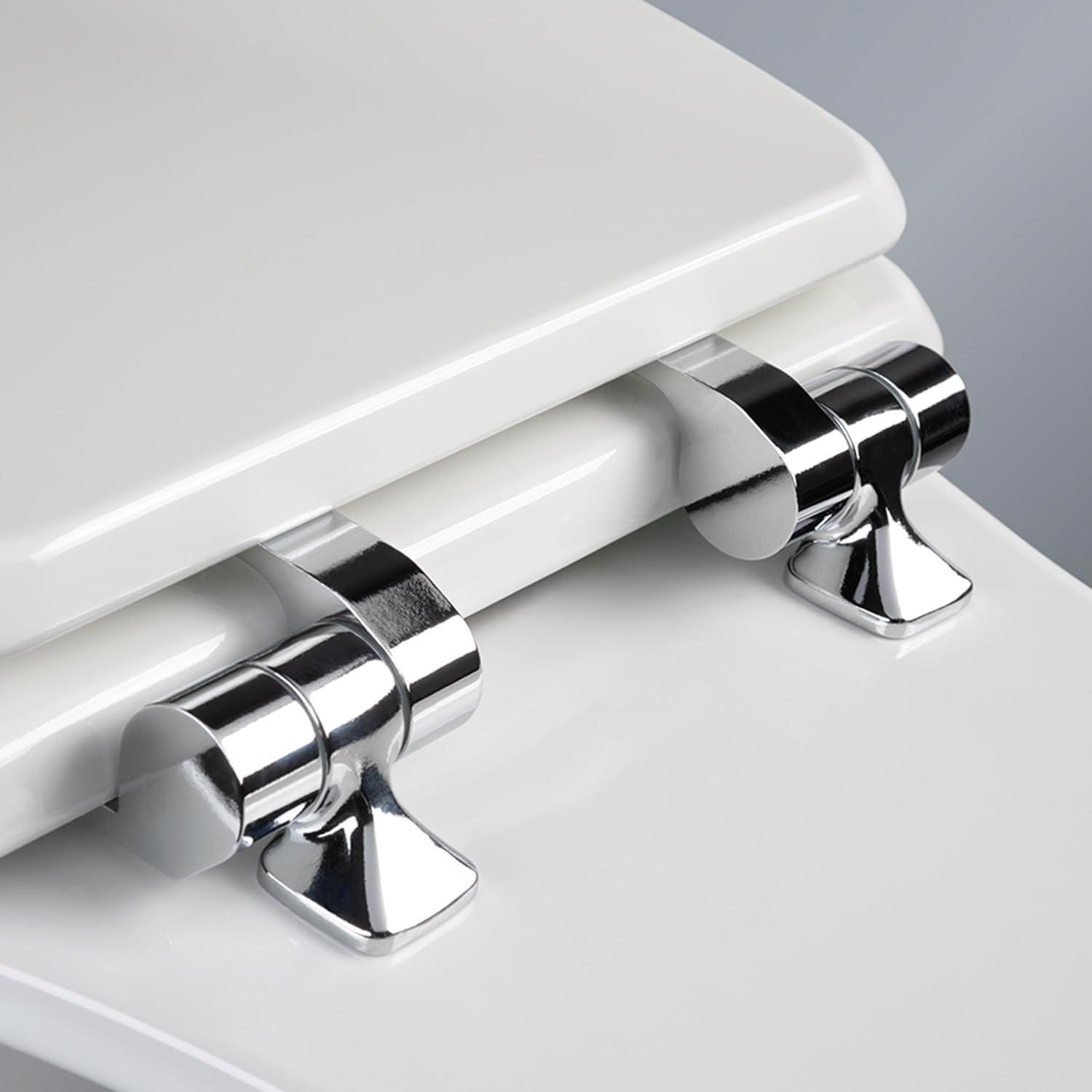 Bennett Toilet Seat with Metal Hinges, Slow Close Wood Seat, Easy Install, Elongated, White