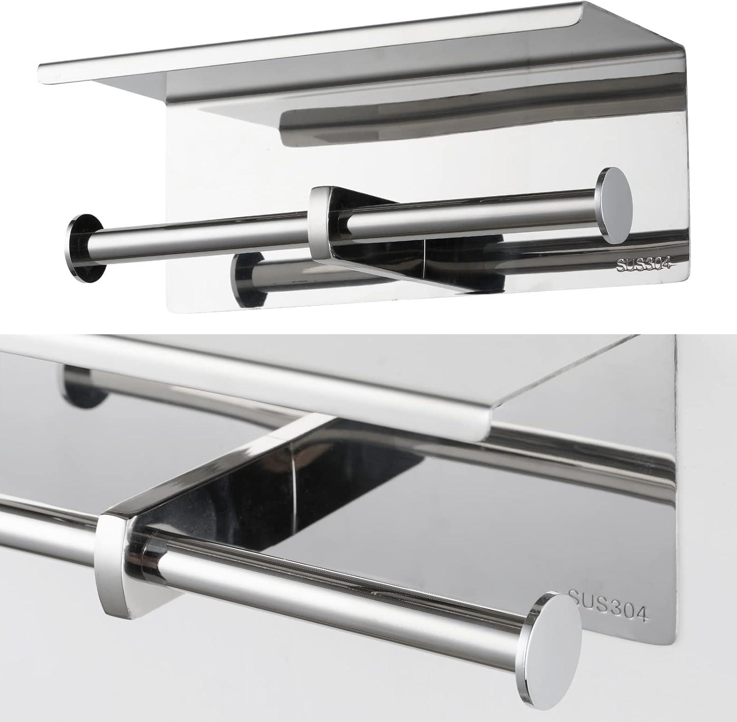Brushed Nickel Toilet Paper Holder with Shelf – Heavy Duty 304 Stainless Steel Wall Mount Double Roll Holder, Fits Mega Rolls & Holds Phone – Rustproof Bathroom Organizer