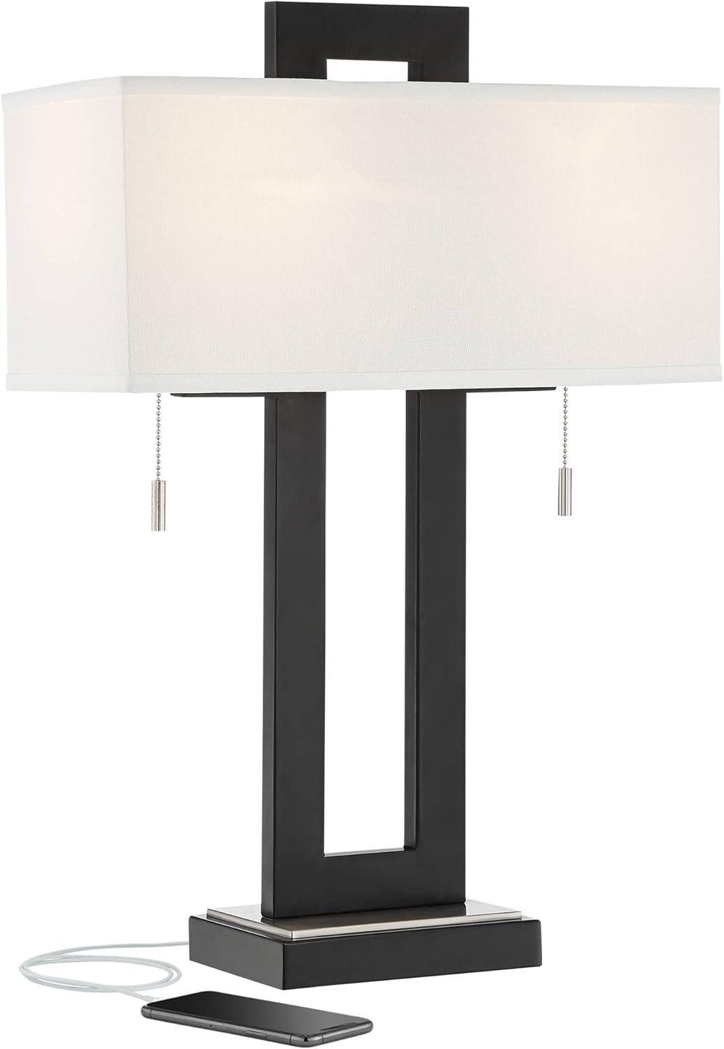 360 Lighting Neil Modern Rustic Table Lamp 26" High Black Metal with USB Charging Port White Rectangular Shade for Bedroom Living Room Bedside Desk