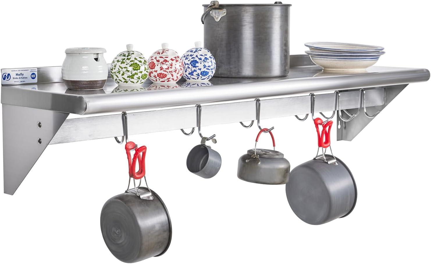 Stainless Steel Wall Mounted Kitchen Shelf with Hooks