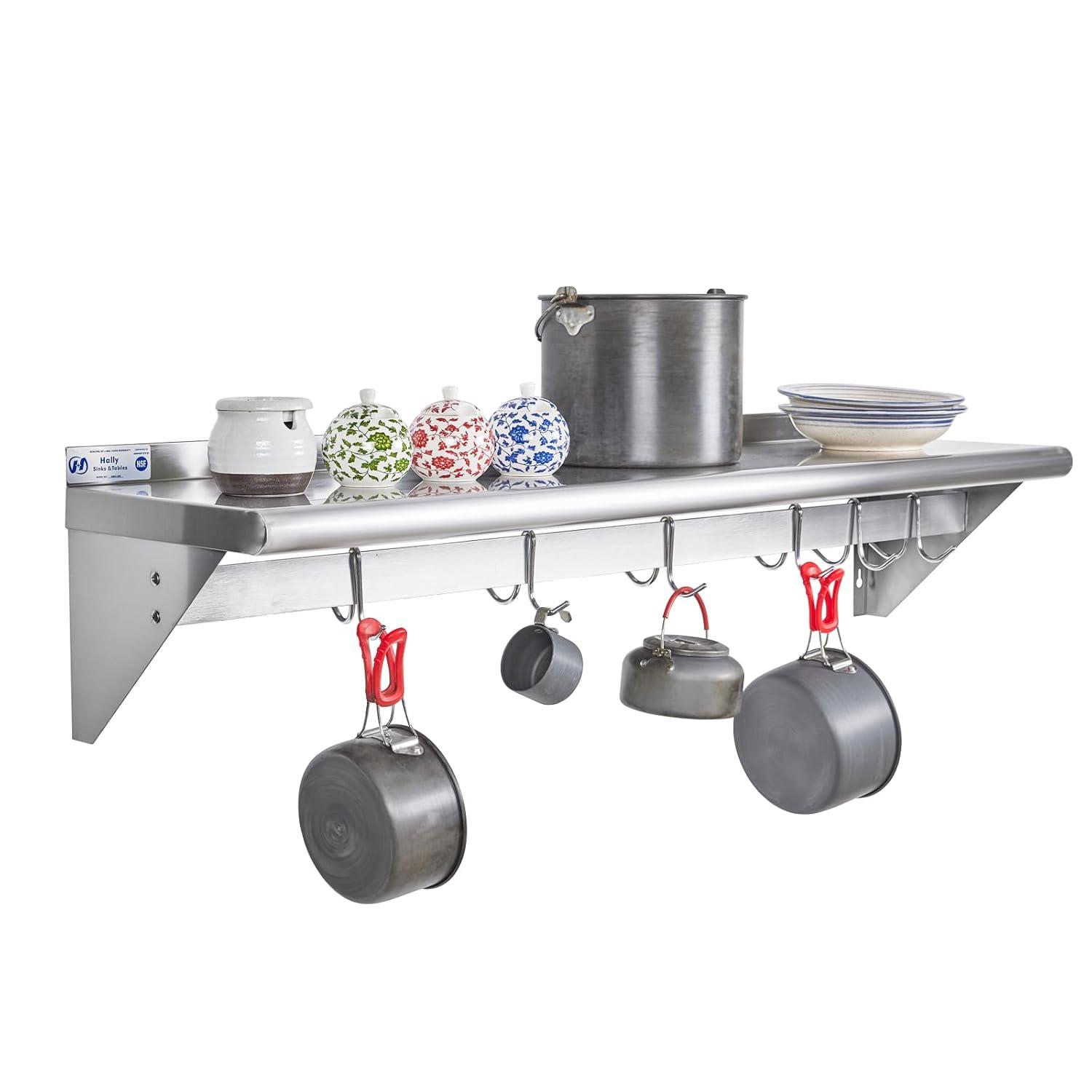 HALLY Stainless Steel Shelf with 6 Hooks 12" x 48" Wall Mounted Pot Rack, NSF Commercial Floating Shelving for Storage Hanging Pots, Pans, cookware in Restaurant, Kitchen, Home and Hotel
