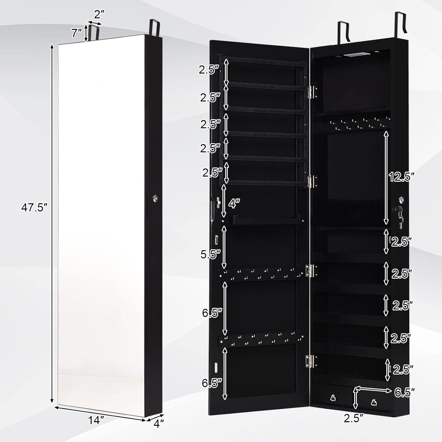 Gymax Wall & Door Mounted Mirrored Jewelry Cabinet Storage Organizer W/ Lights&Drawer White