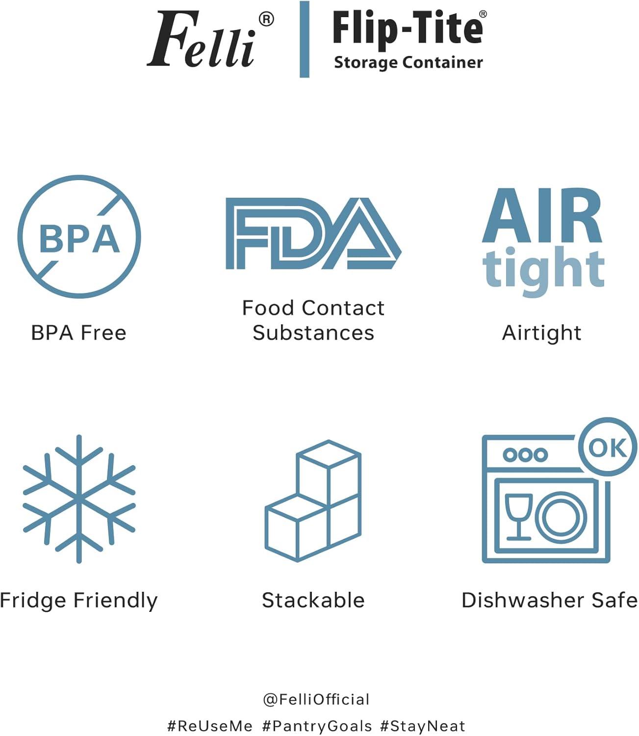 Felli Flip Tite Food Storage Container 5" LARGE Size Airtight Lid Lock Top, Stackable Kitchen Canister for Space Saving, Pantry Fridge Cupboard Organizer, Spice Seasoning Pet Treats Snack (1.1 qt)