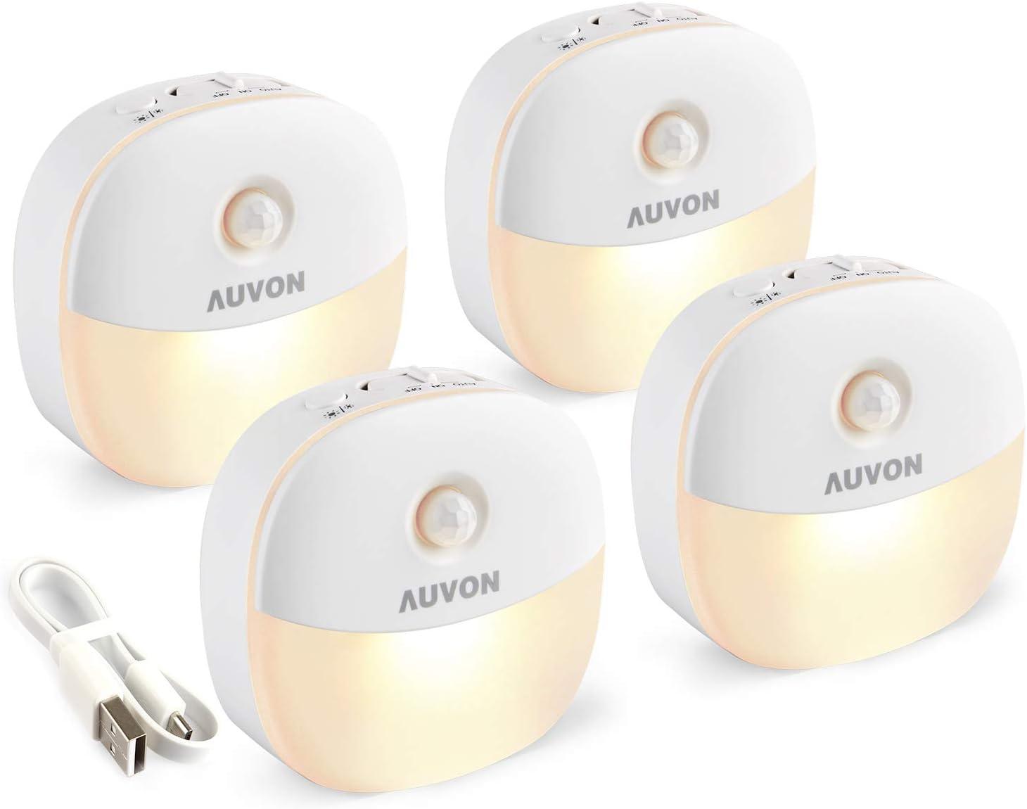 AUVON Plug in Night Light with Motion Sensor and Dusk to Dawn Sensor, Mini Warm White LED Nightlight with 1-50 lm Adjustable Brightness for Bathroom, Hallway, Stairs, Bedroom, Kitchen (4 Pack)
