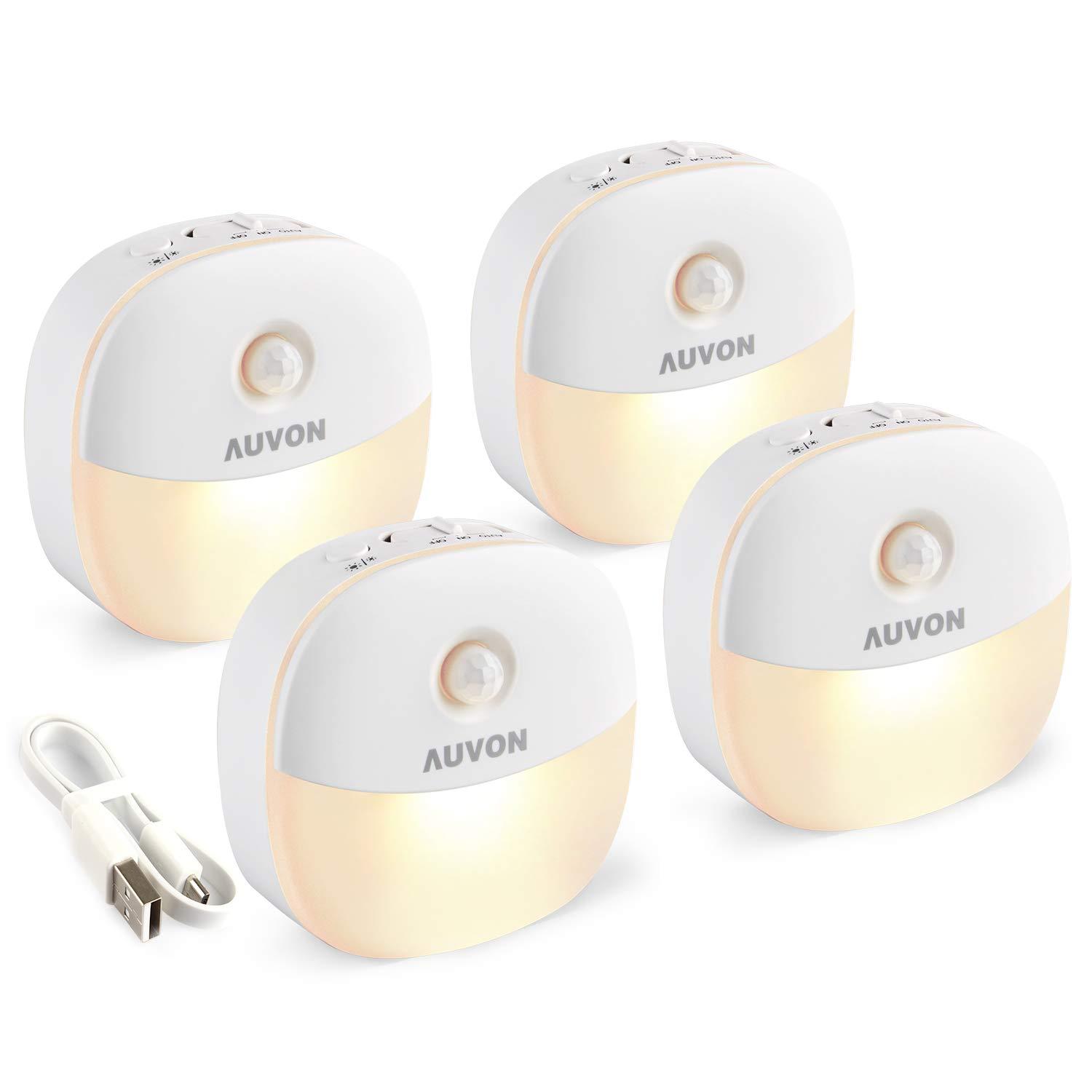 AUVON Plug in Night Light with Motion Sensor and Dusk to Dawn Sensor, Mini Warm White LED Nightlight with 1-50 lm Adjustable Brightness for Bathroom, Hallway, Stairs, Bedroom, Kitchen (4 Pack)