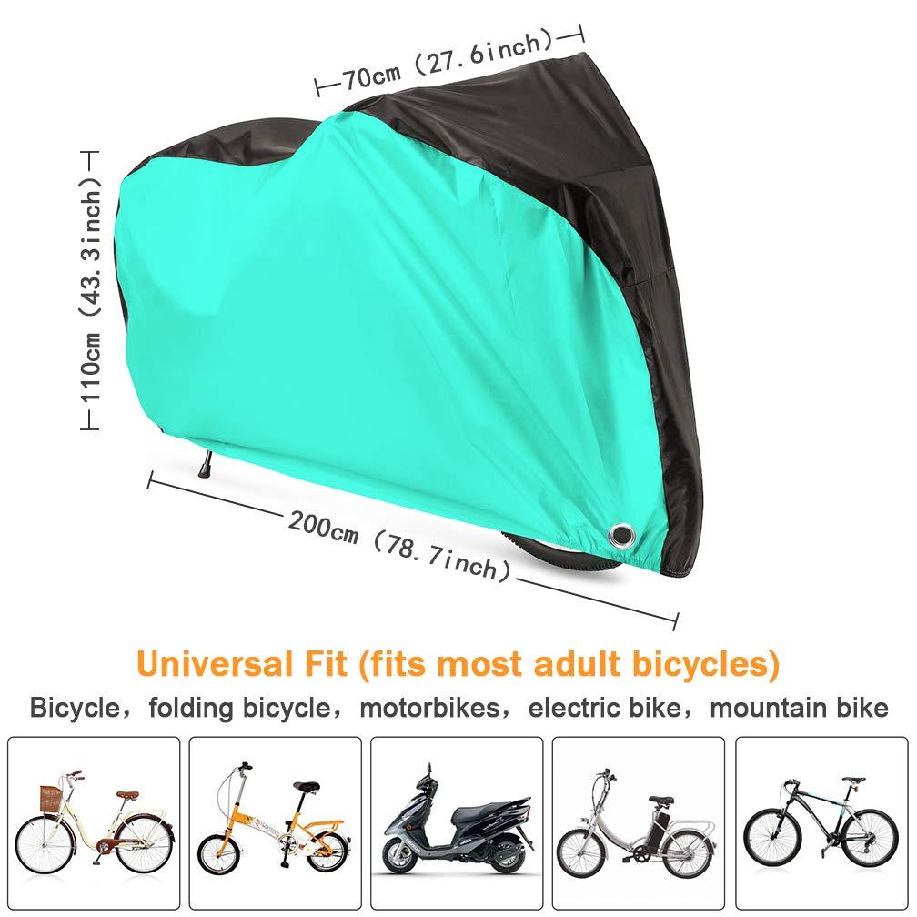 Roctee Bicycle Cover Waterproof Wind Rain Snow Proof Outdoor Mountain Bike Road Travel Bike Cycle Covers with Storage Bag, 78.7''(L) 27.6''(W) 43.3''(H) for XL Size (Black & Aqua Green)