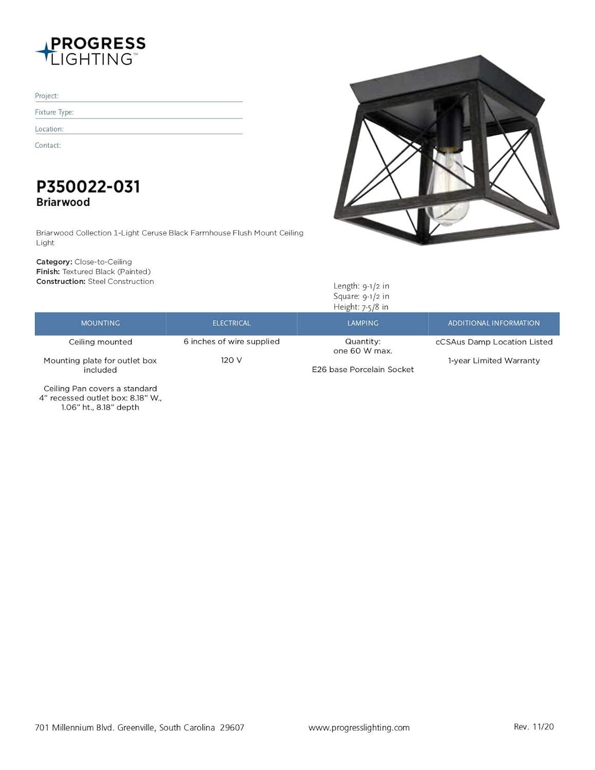Progress Lighting Briarwood 1-Light Flush Mount, Textured Black, Faux-Painted Wood Enclosure