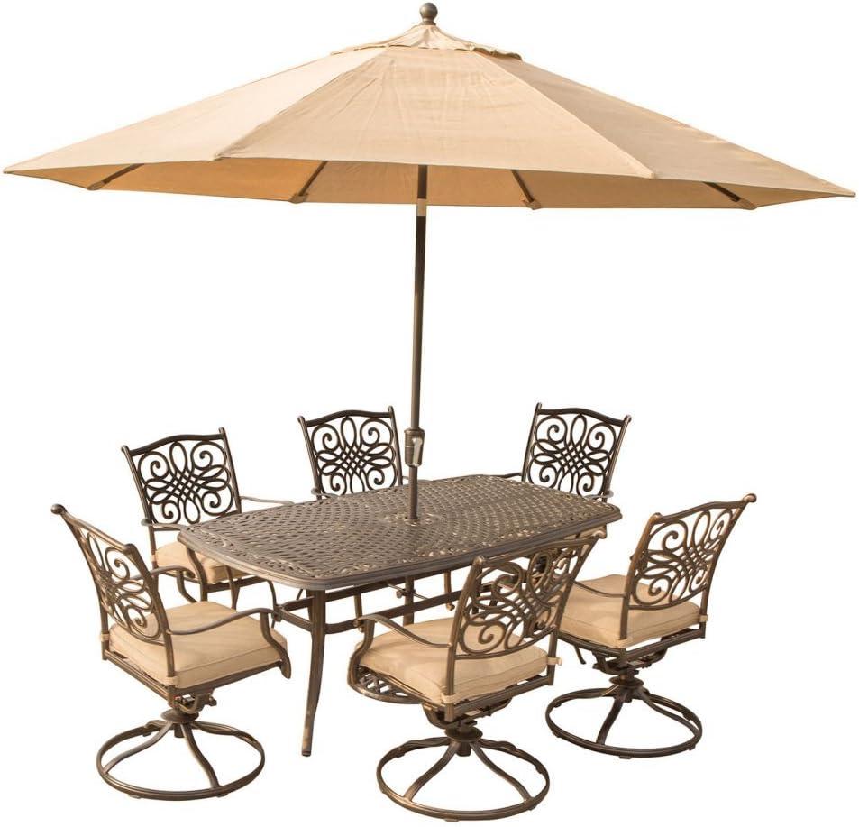 Tan and Bronze 6-Person Aluminum Outdoor Dining Set with Umbrella