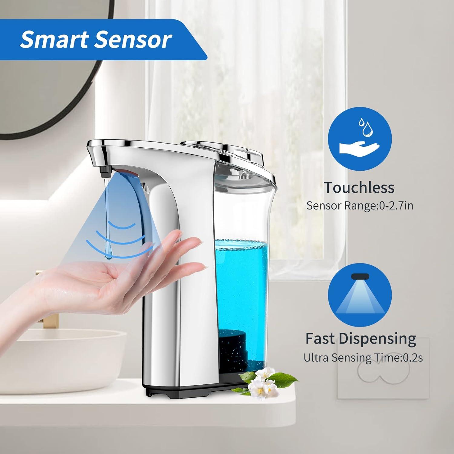 FKWin Automatic Soap Dispenser, Touchless Hand Soap Dispensers 17oz/500ml with 5 Adjustable Soap Levels, Kitchen Soap Dispensers, Liquid Hand Soap Dispenser Bathroom, Silver