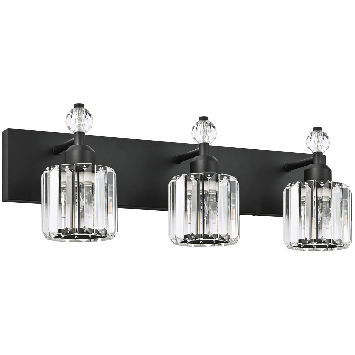 PRESDE Black Crystal Bathroom Lights Fixtures Over Mirror Modern 3 Light Vanity Lighting Bathroom Wall Light Fixtures(Exclude Bulb)
