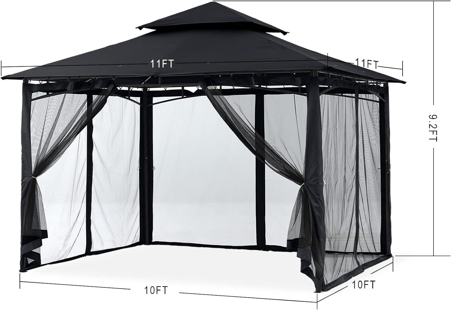 10x10 Black Steel Frame Outdoor Gazebo with Netting Walls