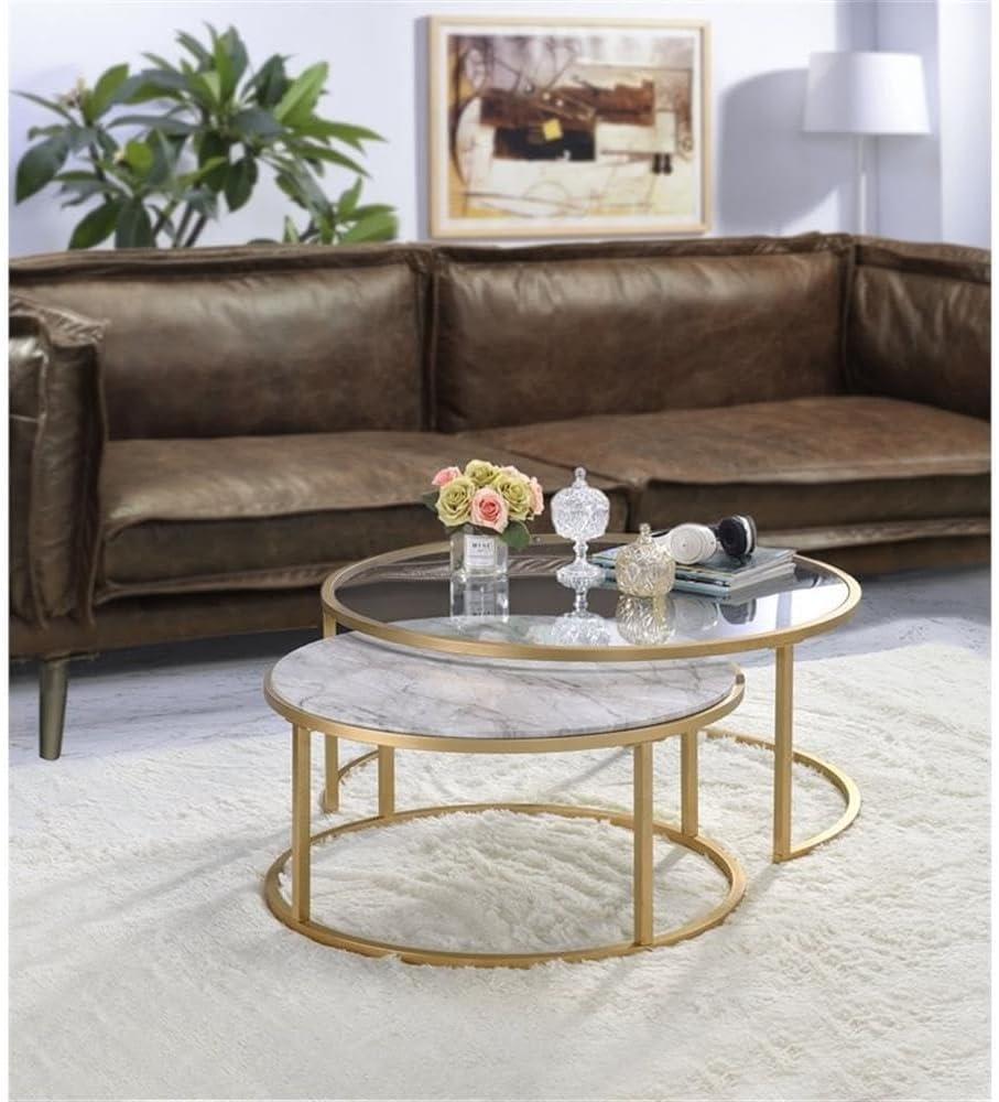 Metal Framed Nesting Coffee Tables with Glass and Marble Tops Set of Two Gold - Saltoro Sherpi
