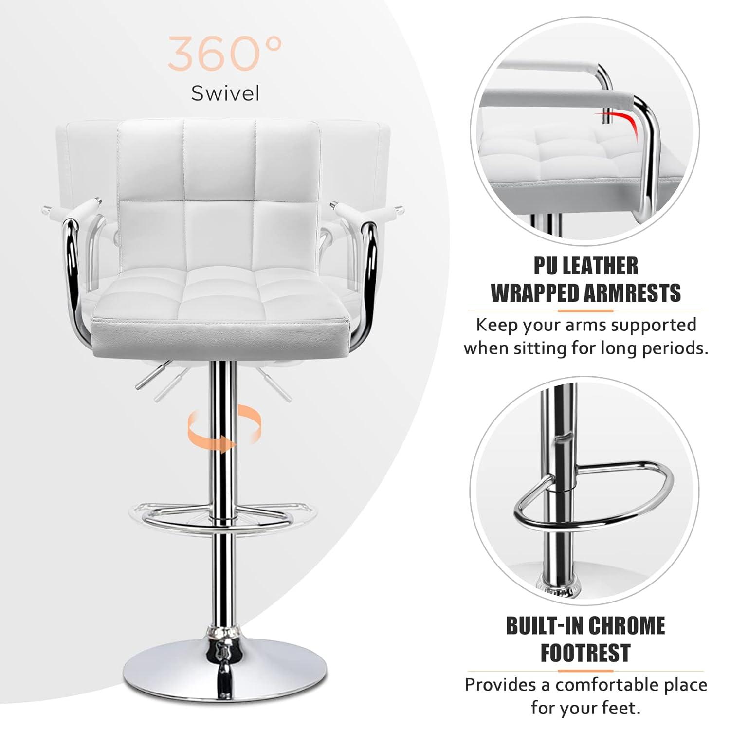 Luxvie Bar Stools Set of 2 with Back and Arms Swivel Bar Chairs Counter Height Barstools Adjustable Bar Chair for Home and Kitchen Counter(White/Silver, 2pcs)