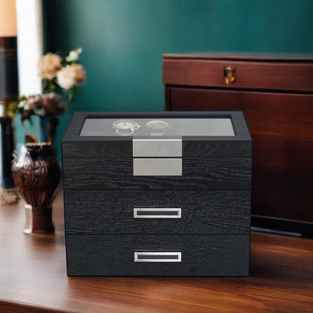 Black Ebony Wood Watch Display Case with Glass Top and Drawers