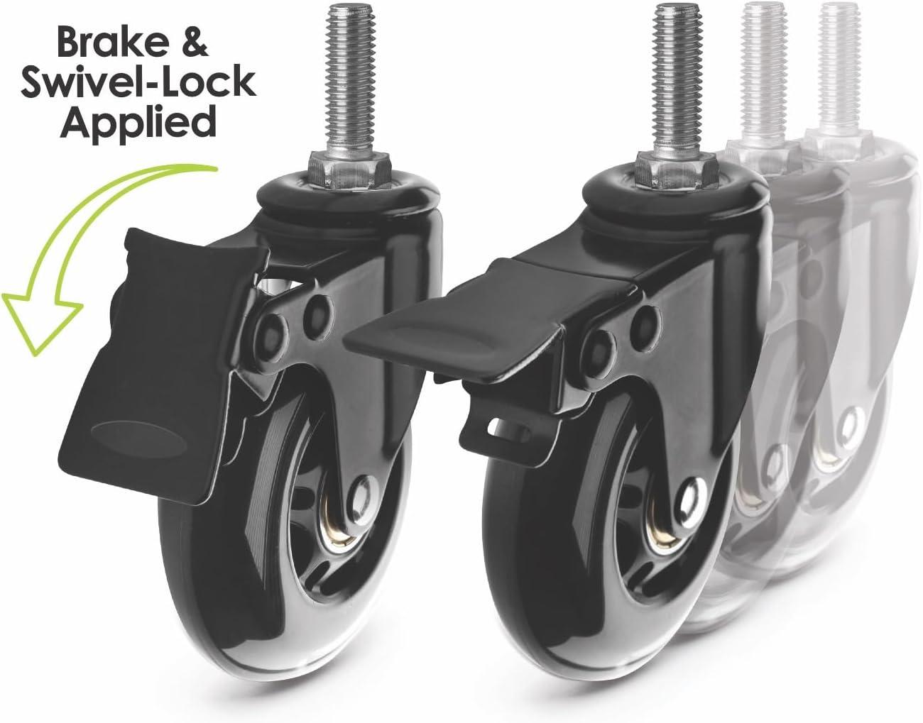 Slipstick CB693 Premium 3 Inch Rubber Caster Wheels with Brake (4 Pack) Replacement Rollerblade Style Swivel Casters with 3/8”– 16x1” Threaded Stem, Includes Mounting Hardware, Black / Clear Castor