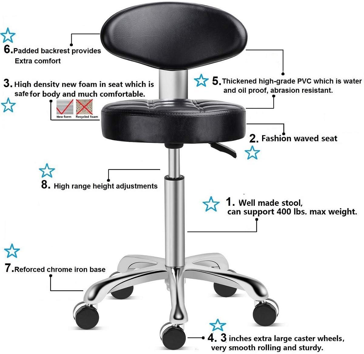 Kaleurrier Rolling Stool Salon Chair with Smooth-Rolling Wheels 360-degree Swivel Seat Heavy Duty Hydraulic Height Adjustable High Barber Cutting Stools (Black, with Backrest)