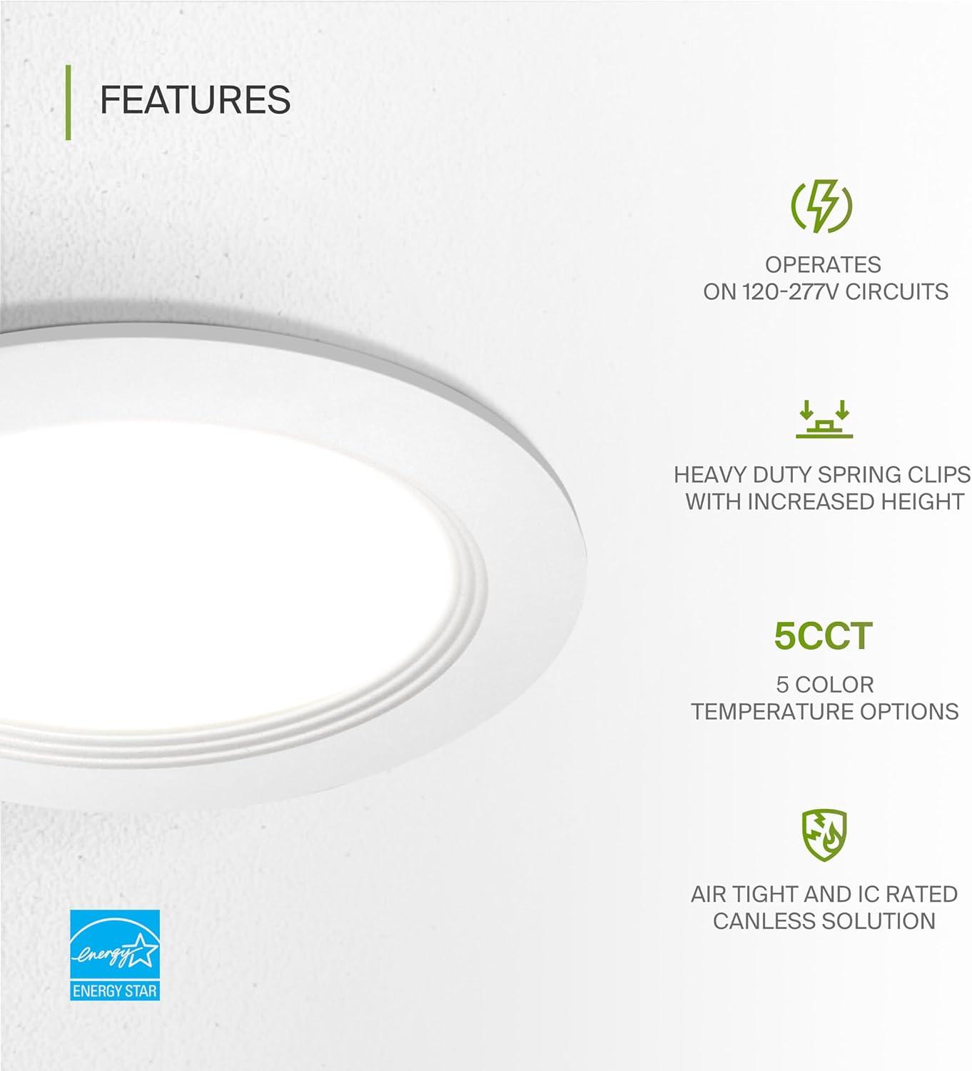 ASD LED Recessed Lighting 6 Inch, Round Commercial Downlight, Mini Panel with Baffle Trim, 6" 15W 120-277V CCT Selectable 2700/3000/3500/4000/5000K, Dimmable Ceiling Light Fixture, White, ETL