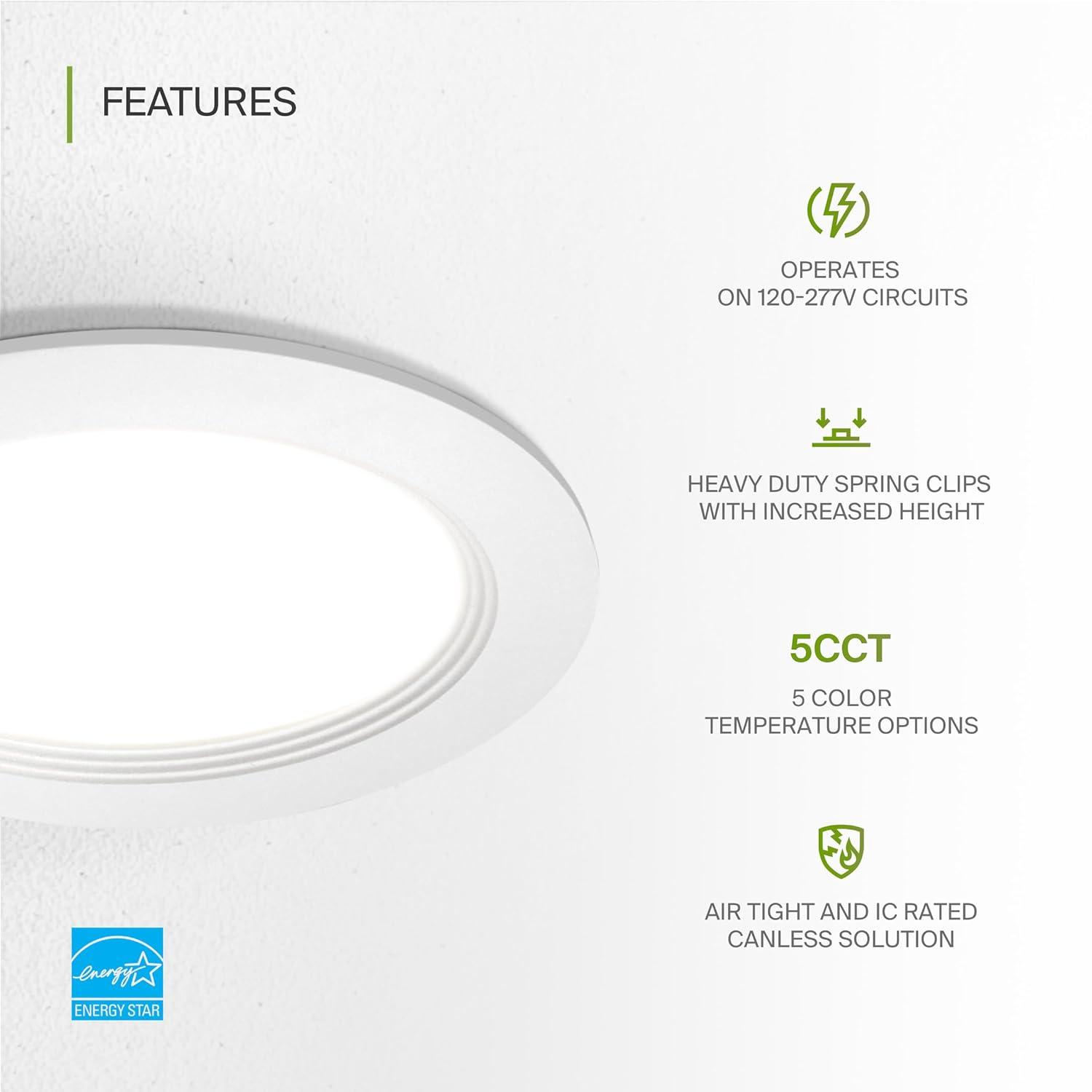 ASD LED Recessed Lighting 6 Inch, Round Commercial Downlight, Mini Panel with Baffle Trim, 6" 15W 120-277V CCT Selectable 2700/3000/3500/4000/5000K, Dimmable Ceiling Light Fixture, White, ETL