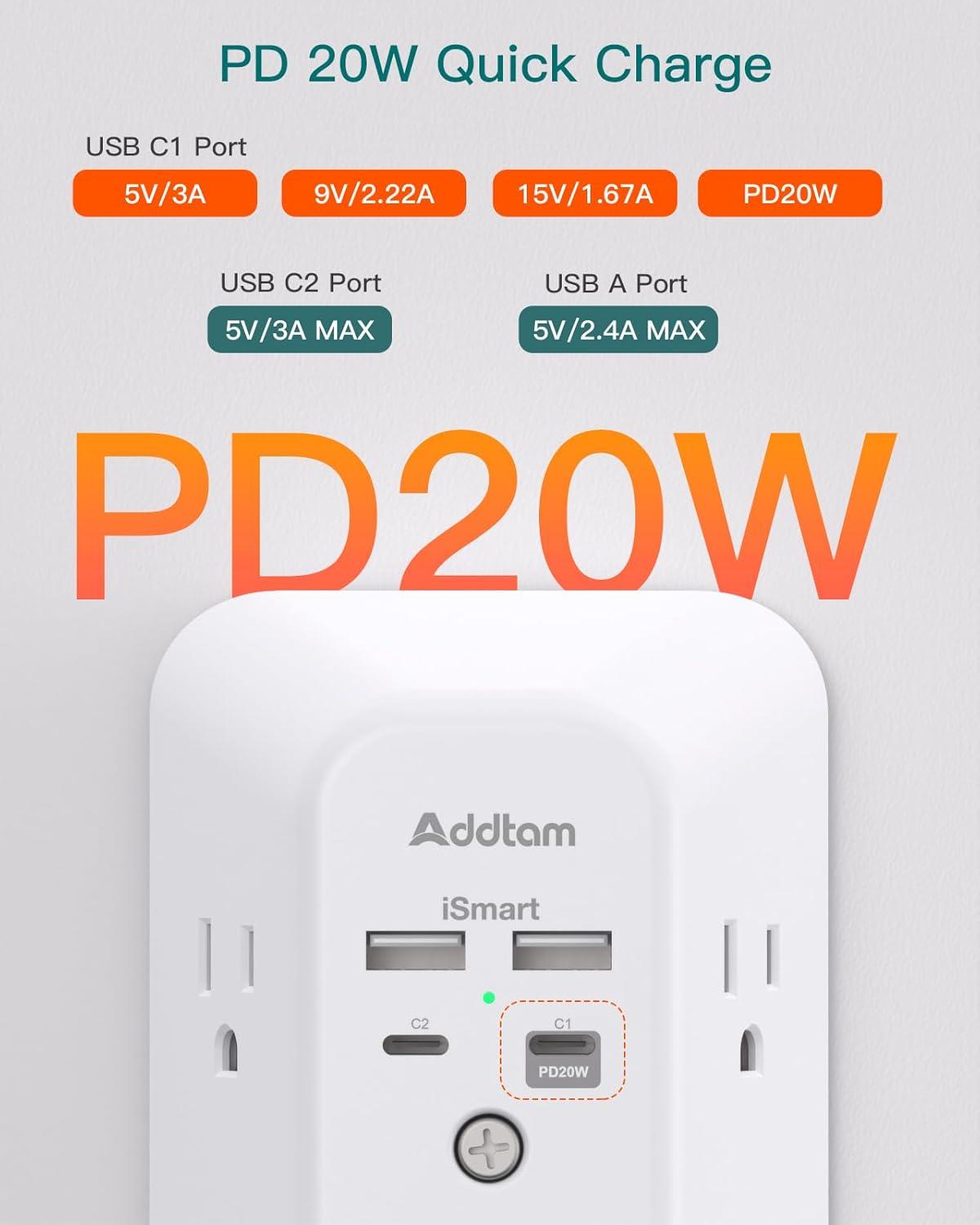Surge Protector Outlet Extender - Addtam 5-Outlet Splitter with 4 USB Wall Charger(2 USB-C Ports), Multi Plug Outlet Power Strip for Home, Dorm Room Essentials
