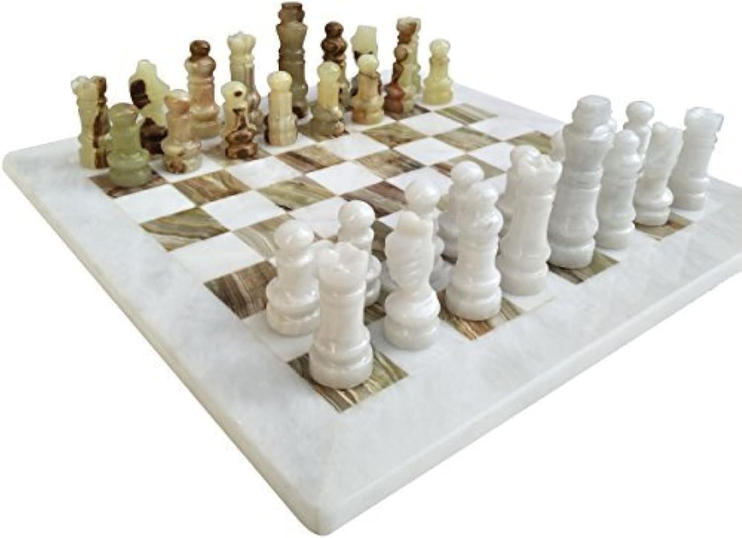 Handmade White and Green Onyx Marble Chess Set