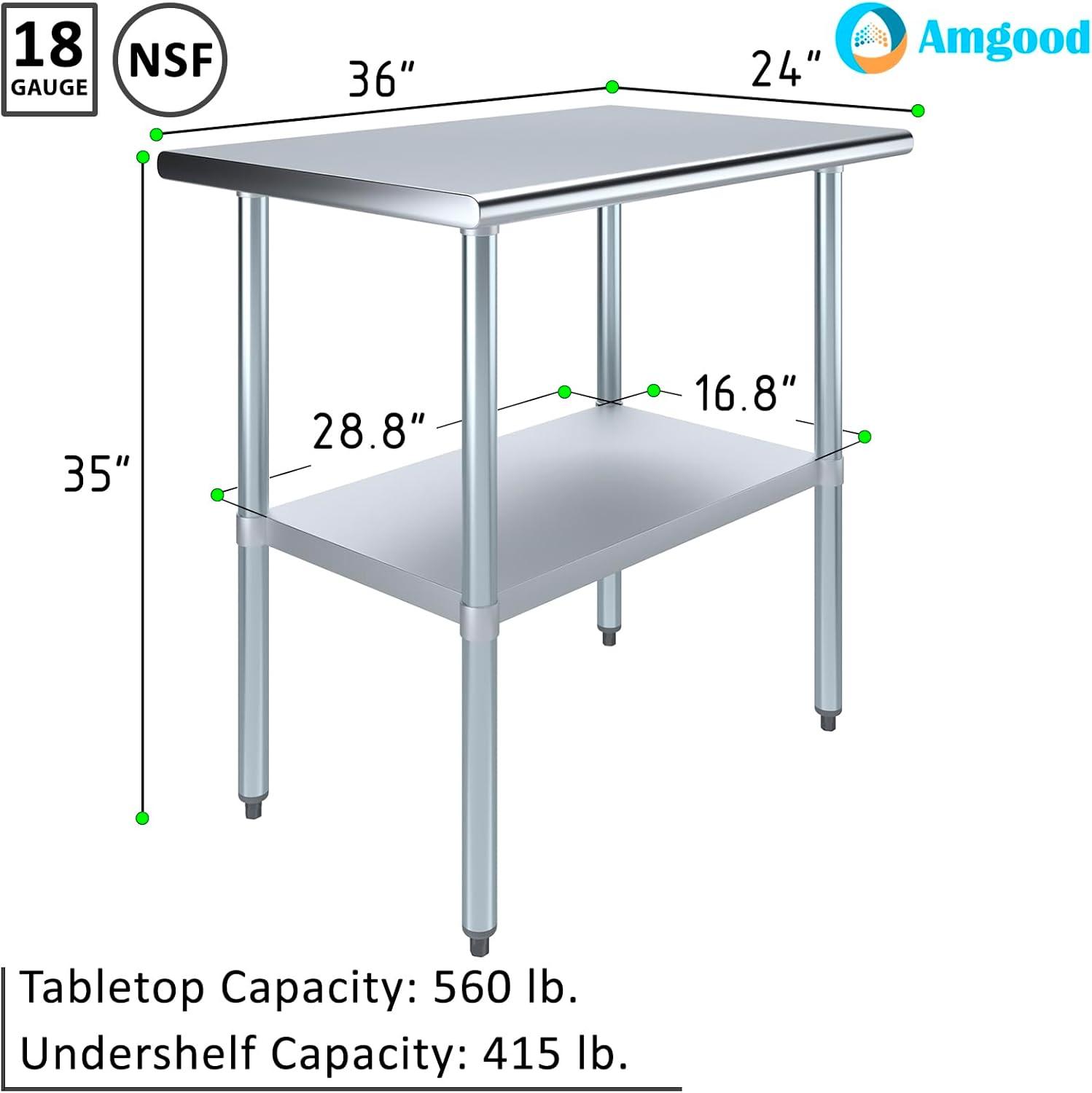 Amgood Stainless Steel Work Table with Undershelf. Metal Prep Table. NSF - Certified