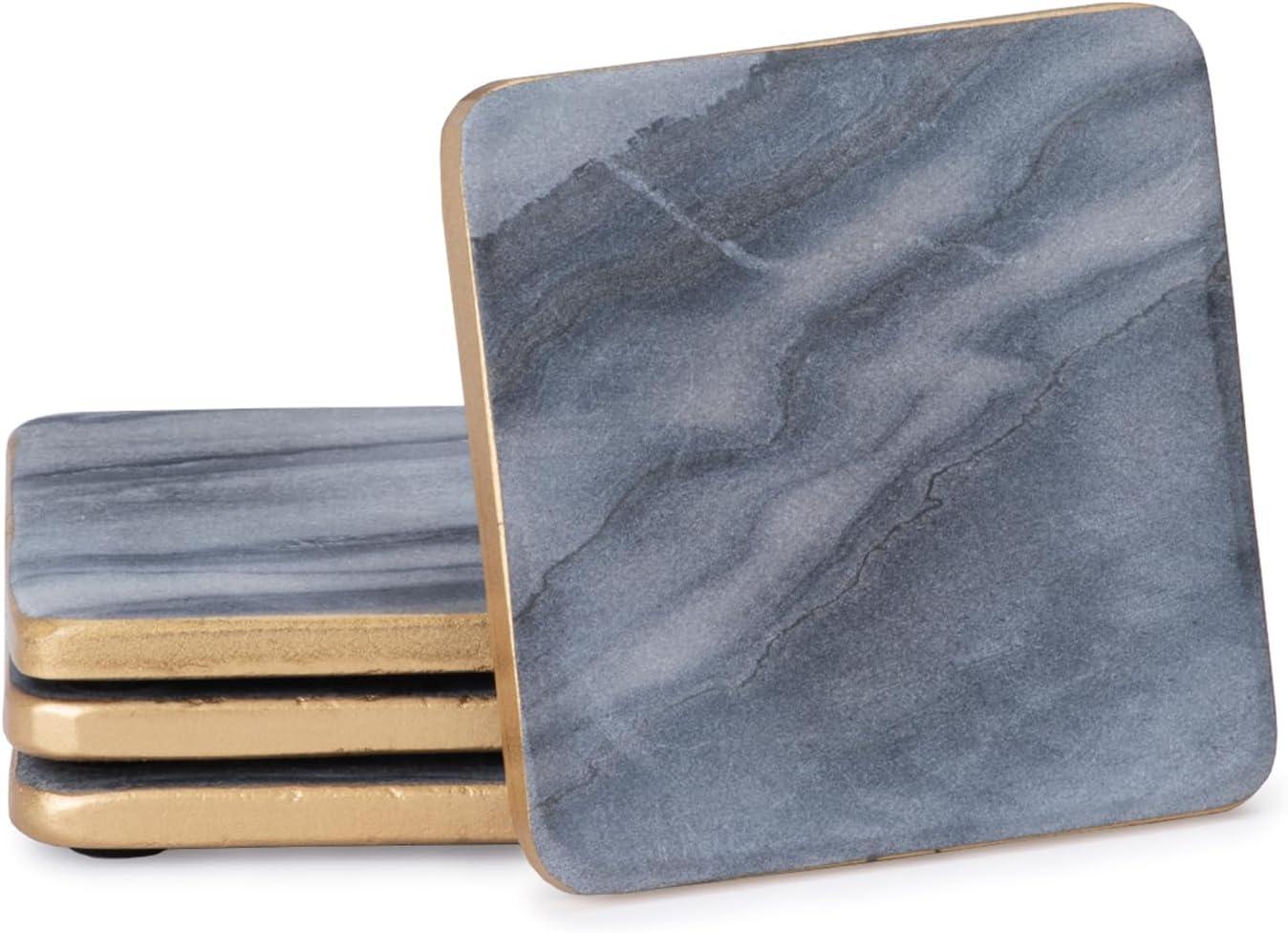 Natural Gray Marble 4" Square Coasters with Gold Edge, Set of 4